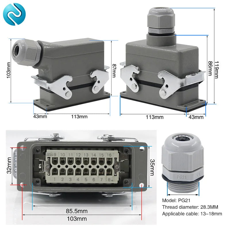 Heavy Duty Metal Locking Connectors - 4 6 10 16 20 24 32 48 Pin - 16A Rated